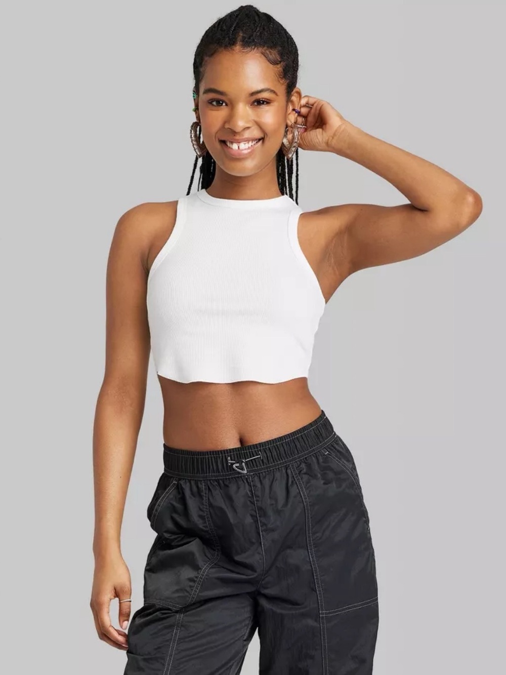 Wild Fable White Ribbed High-Neck Cropped Tank Top